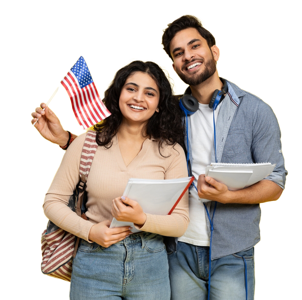 A happy student couple holding a vibrant usa flag, symbolizing their dream to study in the usa. They represent the support of usa visa agents and usa visa consultancy vadodara, providing guidance for obtaining a student visa usa. Top usa visa consultant vadodara